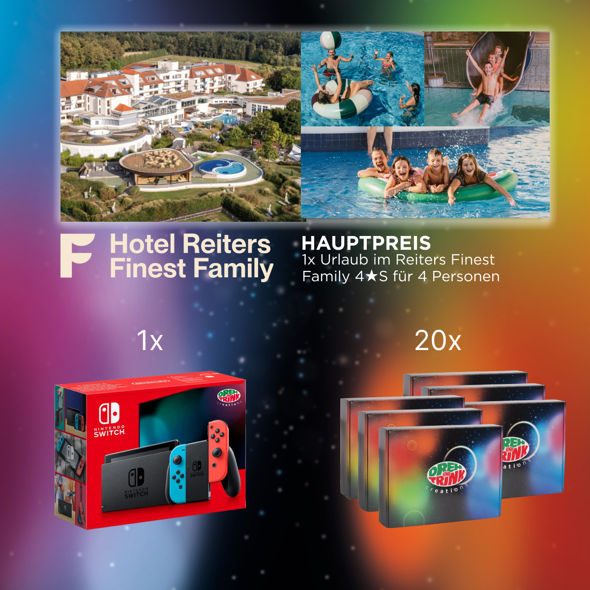 colorful background with creation boxes and Nintendo switch box and holiday resort